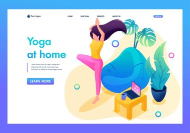Isometric üç boyutlu. Kendini izole eden kız, sakin bir ortamda evde yoga yapıyor. İniş Sayfası için Kavram