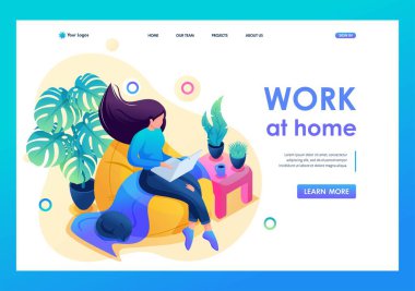 Isometric üç boyutlu. Genç kız evde, yumuşak bir sandalyede çalışıyor, uzaktan çalışıyor, serbest çalışıyor. İniş Sayfası için Kavram