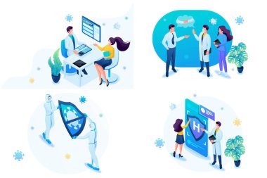 Isometric üç boyutlu. Web tasarımı için tıbbın ve kapağın içeriğine ayarlı