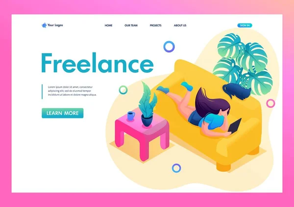 3D isometrico. Remote Work, La ragazza lavora come freelance. Lavoro a casa. Concetto per Landing Page — Vettoriale Stock