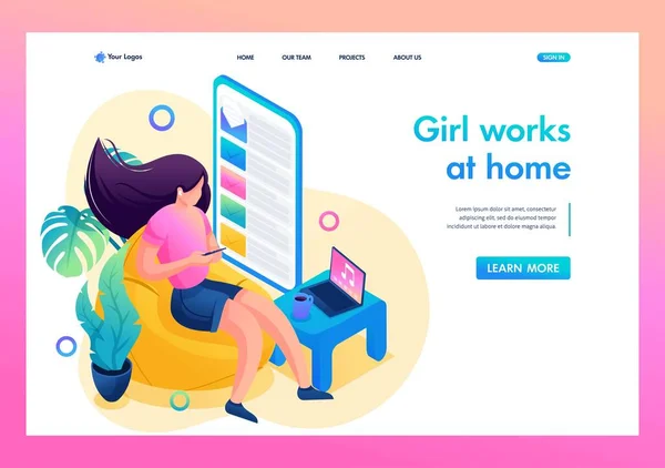 Isometric 3D. Self-Isolation, Young Girl Parses Letters In The Mail, Remote Work. Concept For Landing Page — Stock Vector