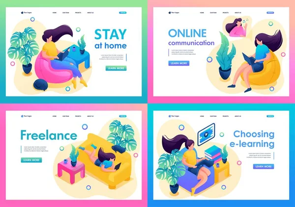 Set Isometric 3D On The Topic Of Female Self-Isolation, Work At Home, Online Training. For Landing Page — 图库矢量图片