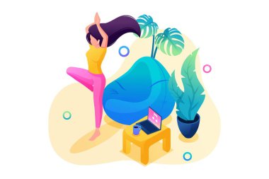 Isometric üç boyutlu. Kendini izole eden kız, sakin bir ortamda evde yoga yapıyor. Web Tasarımı İçin Kavram