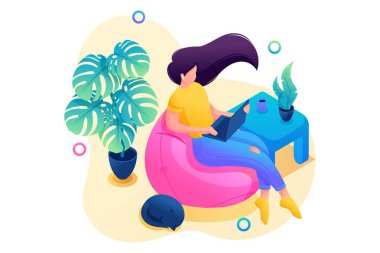 Isometric üç boyutlu. Evde Kalın, genç bir kız dizüstü bilgisayarında oturup film izliyor. Web Tasarımı İçin Kavram