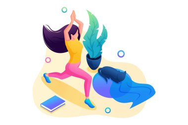Isometric üç boyutlu. Kız evde sağlık için yoga yapıyor. Web Tasarımı İçin Kavram
