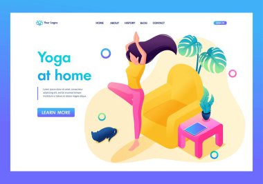 Isometric üç boyutlu. Evde Yoga Yapan Kız Kediyle Sıcak Bir Atmosferde. İniş Sayfası Konsepti