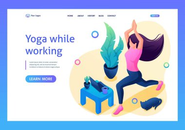 Isometric üç boyutlu. Kız evde yoga yapıyor, dizüstü bilgisayarla müzik dinliyor. Bir evcil hayvan. İniş Sayfası Konsepti