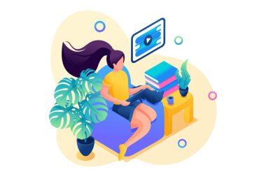 Isometric üç boyutlu. Salgın sırasında evde eğitim gören kız, çevrimiçi eğitim. Web Tasarımı İçin Kavram