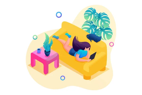 Isometric 3D. Remote Work, The Girl Works As a Freelancer. Work At Home. Concept For Web Design — Stock Vector