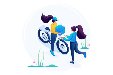 Isometric üç boyutlu. Satın alma teslimatı, Kurye 'nin Elleri Alıcıya Teslimat. Web Tasarımı İçin Kavram