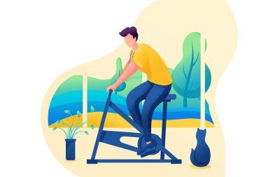 Isometric üç boyutlu. Adam evde spor yapıyor, tecrit modunda takılıyor. Salgın hastalık. Web Tasarımı İçin Kavram