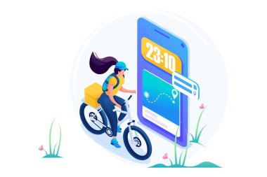 Isometric üç boyutlu. Kurye Kız Teslimat Yolu boyunca gider. Web Tasarımı İçin Kavram