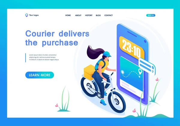 Isometric 3D. Courier Girl Goes Along The Delivery Route. Concept Of Landing Page — Stock Vector