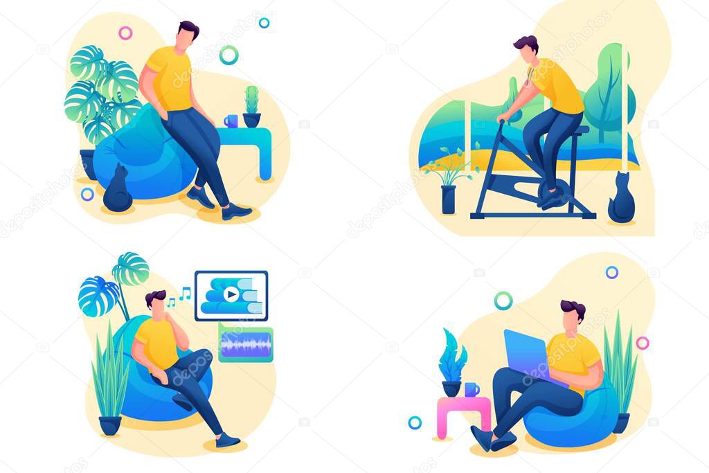 Isometric 3D. Kit Of Illustrations For Web Design. Man Is At Home, Working, Studying, Playing Sports
