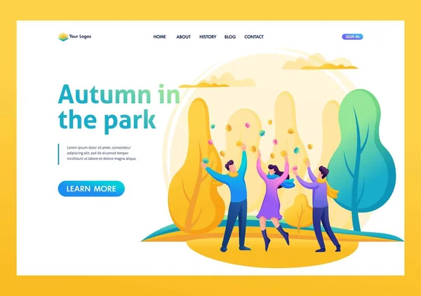 Vänner har kul i parken, leker med fallna löv, höstunderhållning. 2D-tecken. Begreppet landningssida — Stock vektor