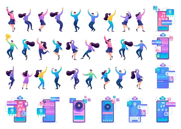 Gran set para crear ilustraciones de personas felices, personajes en un estilo de dibujos animados planos bailando, escuchando música, Set — Archivo Imágenes Vectoriales