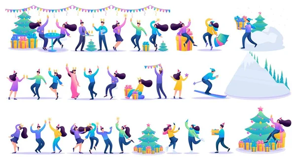 Conjunto de Feliz Navidad Gente feliz, personajes en un estilo plano de dibujos animados, bailando, celebrando la Navidad. Set con regalos, juguetes, árboles de Navidad y bailarines — Archivo Imágenes Vectoriales