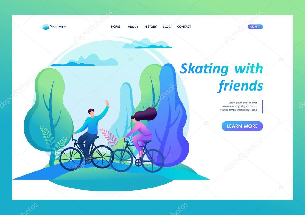 Friends ride bicycles in the forest, summer entertainment, cycling in the park. 2D Characters. Landing Page Concept