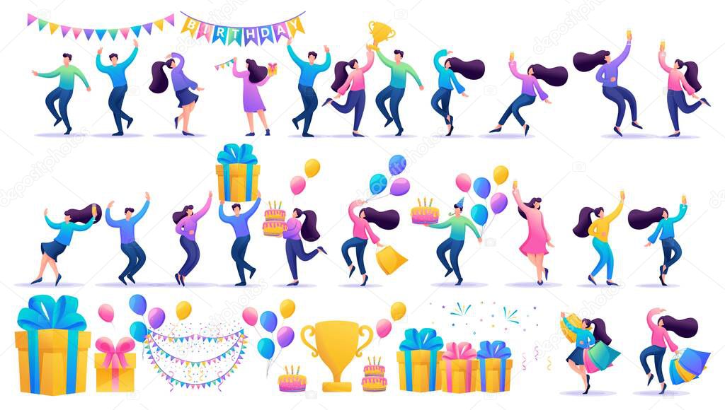 Large set of birthday. Happy people characters in a flat cartoon style celebrate a birthday. Set with garlands, gift boxes, cakes, balloons and dancing people.