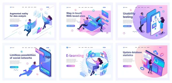 Collection of landing pages. Men and women use modern technologies, virtual reality, instant messengers, and online training. Isometric characters — Stock Vector