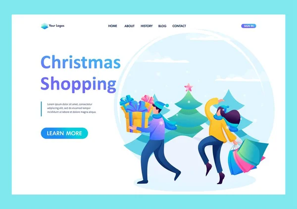 Friends do Christmas shopping, gifts to friends and relatives. Have a fun weekend. 2D characters. Landing Page Concept — Stock Vector