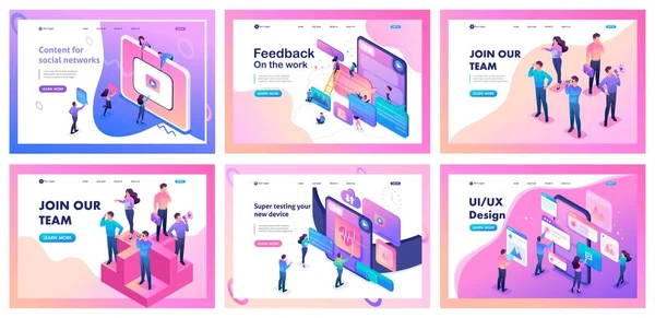 Coleção de landing pages. As pessoas se comunicam usando aplicativos móveis, feedback, conferências on-line, busca de funcionários, resolução de problemas e brainstorming —  Vetores de Stock