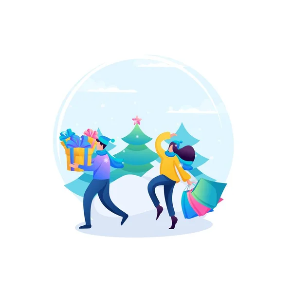 Os amigos fazem compras de Natal, presentes para amigos e parentes. Tem um fim de semana divertido. Caracteres 2D — Vetor de Stock