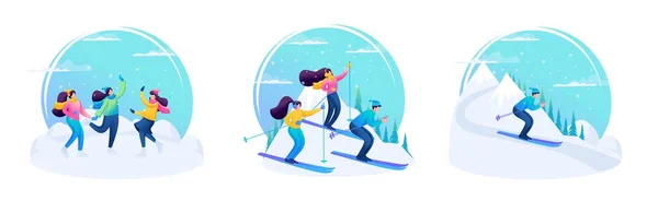 Conjunto de ilustrações. Os amigos têm um ótimo inverno, patinação no gelo, esqui. Caracteres 2D — Vetor de Stock