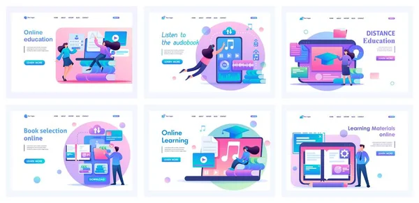 Online eğitim iniş sayfaları koleksiyonu. İnsanlar uzaktan çalışıyor, kurslar, üniversite, kitaplar. Çizgi film düz karakterleri — Stok Vektör