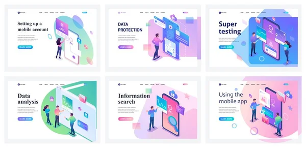 Collection of landing pages. Men and women use apps for mobile phones and tablets. Data storage and processing, smart technologies. Isometric characters — Stock Vector