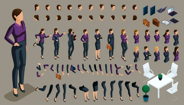 Üç boyutlu bir iş kadınının el ve ayak hareketlerinden oluşan Isometric seti. Şık kıyafetler içinde kendi izometrik karakterinizi oluşturun, vektör için bir ofis çalışanı