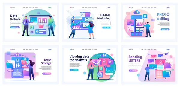İniş sayfaları koleksiyonu. Veri depolama ve analiz, fotoğraf işleme, e-posta gönderme, dijital pazarlama. 2B karakterler