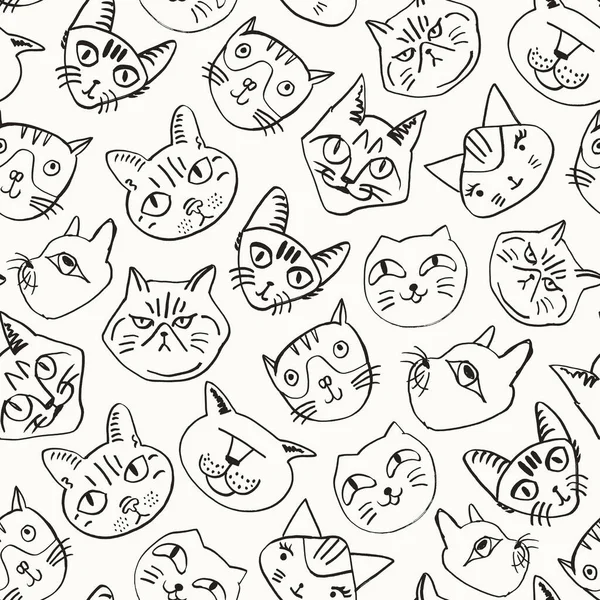 Fundo Sem Emenda Gato Padrão Várias Cabeças Gato Desenhado Mão — Vetor de Stock