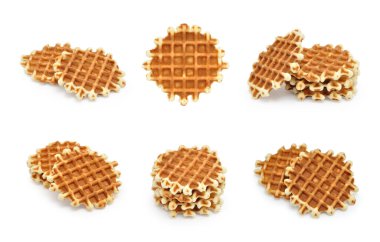 Waffles set isolated on white background. Pile of sweet waffles.