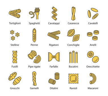 Makarna renkli seti. Beyaz arka planda izole edilmiş web tasarımı için İtalyan makarnası. Vektör illüstrasyonu.