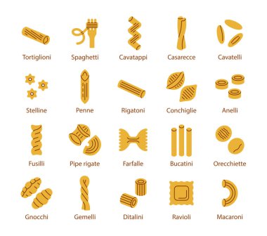 Makarna ikonu düz set. Beyaz arka planda izole edilmiş web tasarımı için İtalyan makarna koleksiyonu. Vektör illüstrasyonu.