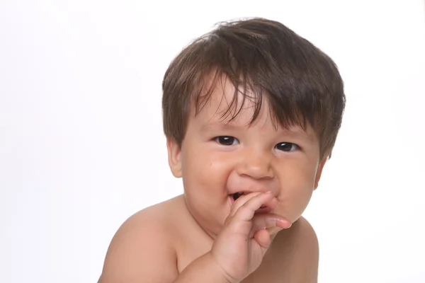 Bebê Adorável Feliz Expressivo Fundo Branco — Fotografia de Stock