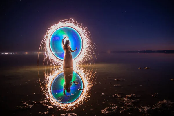 Beautiful Light Painted Girl Salton Sea — Stock Photo, Image