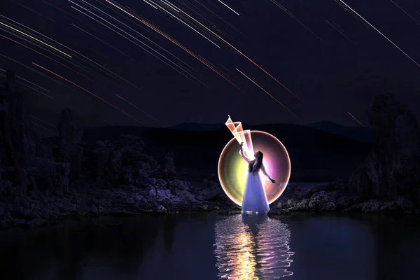 Girl Star Trail Streaks Light Painted Water — Stock Photo, Image