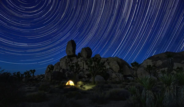 Trilhas da estrela da exposição longa no parque nacional de Joshua Tree — Fotografia de Stock