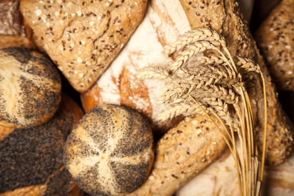 Sortimento de pão na superfície de madeira — Fotografia de Stock