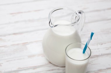 Ahşap masa üzerinde süt kavanoz