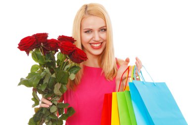 Bir buket gül olan güzel kadın