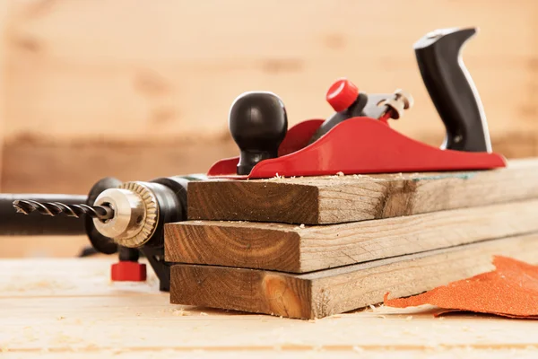 Woodworking tools on a carpenters table — Stock Photo, Image