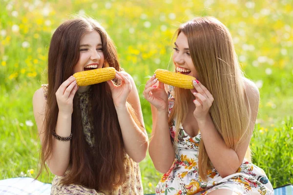 Dos hermosas mujeres jóvenes en un picnic — Foto de Stock