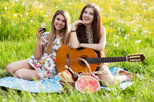 Две красивые девушки на пикнике — стоковое фото