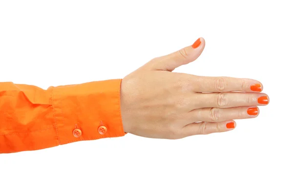 Vrouwelijke hand in oranje shirt — Stockfoto