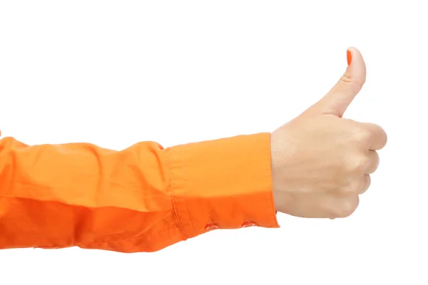 Vrouwelijke hand in oranje shirt — Stockfoto