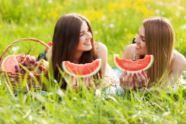 İki güzel genç kadın üzerinde piknik
