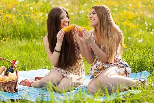 Två vackra unga kvinnor på picknick — Stockfoto